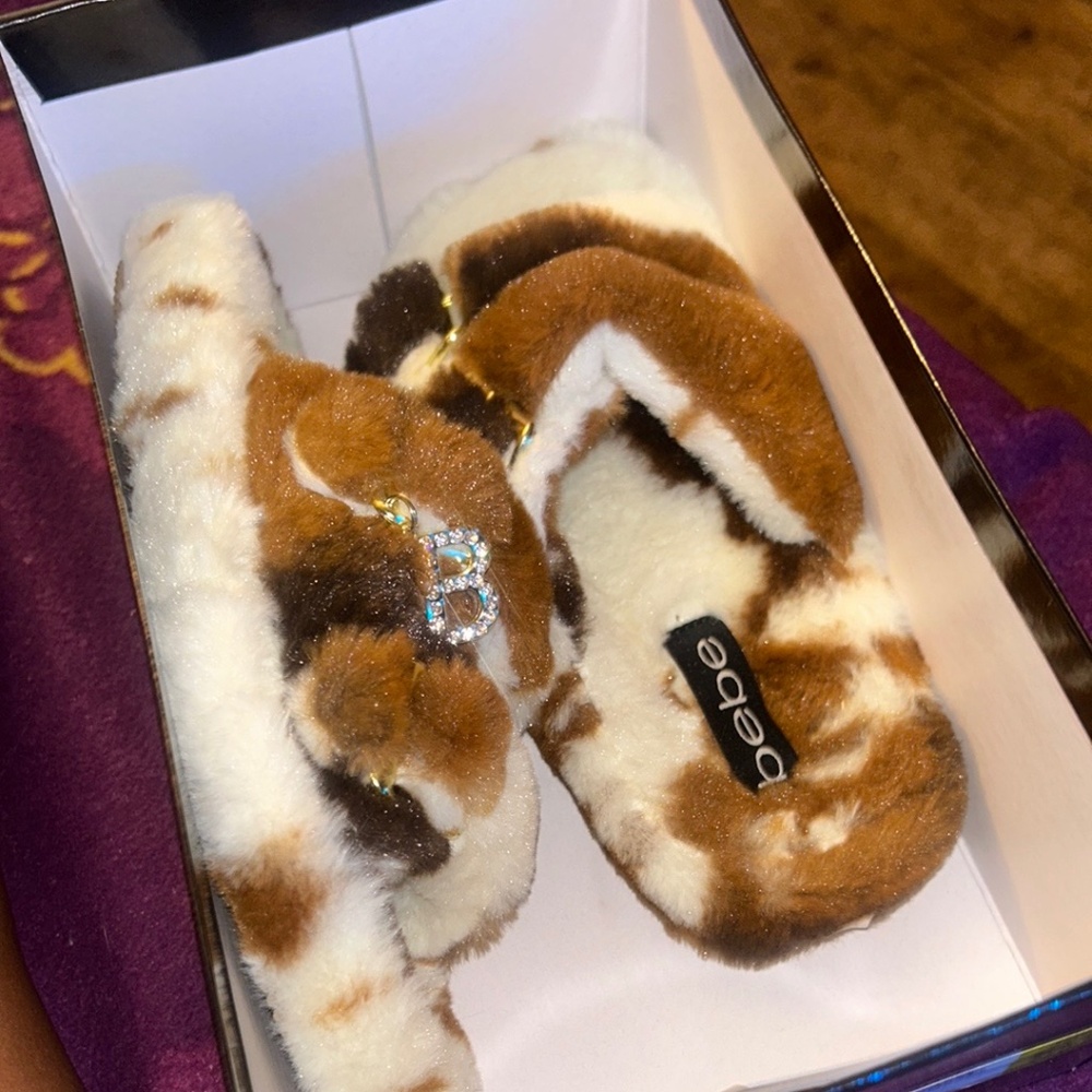 Bebe Tan and Cream Fuzzy Slippers with Sparkling Detail